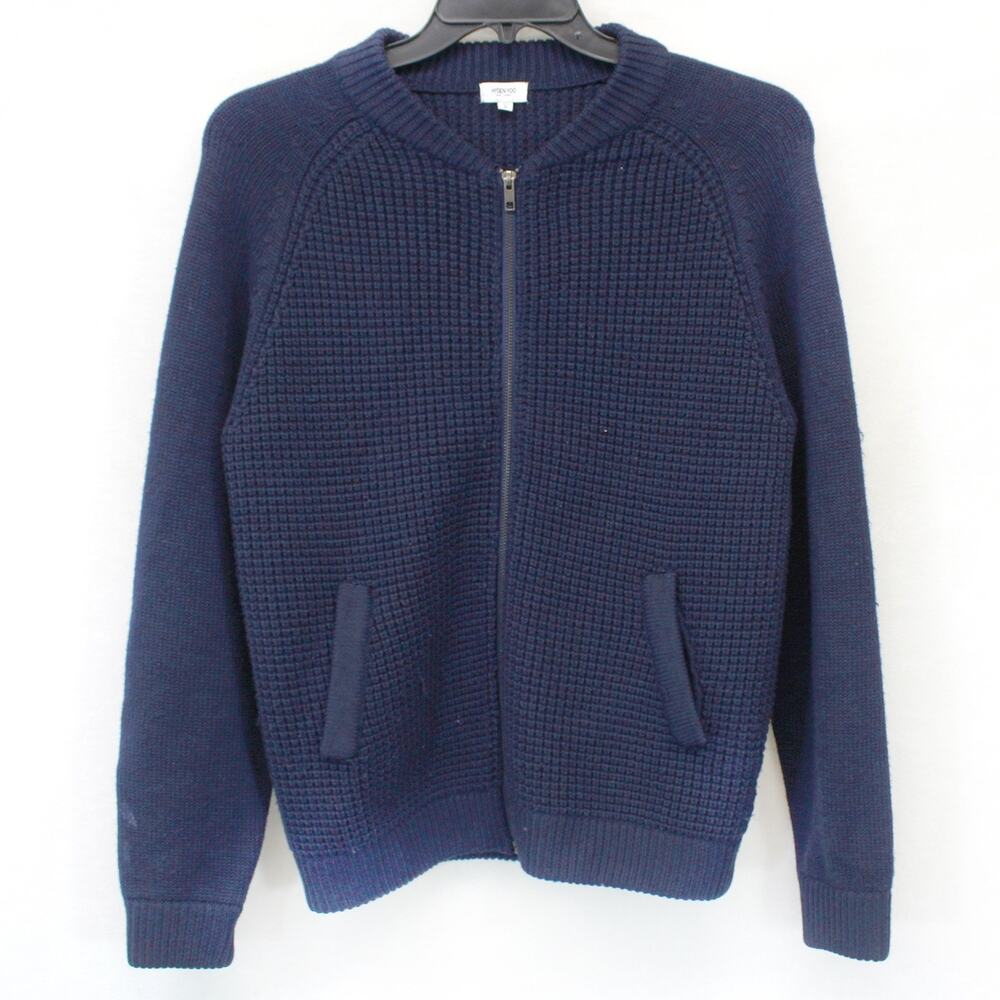 Hyden Yoo Navy Chunky Knit Sweter Cardigan Jacket Full Zip Cozy 100% Wool Small